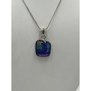 Charles Albert Signed Dichroic Art Glass Fine Sterling Silver Pendant 16" Chain‎